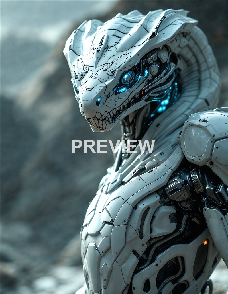 A highly detailed, futuristic robot with a sleek, metallic body and glowing blue accents, resembling a cybernetic creature with a snake-like appearance.